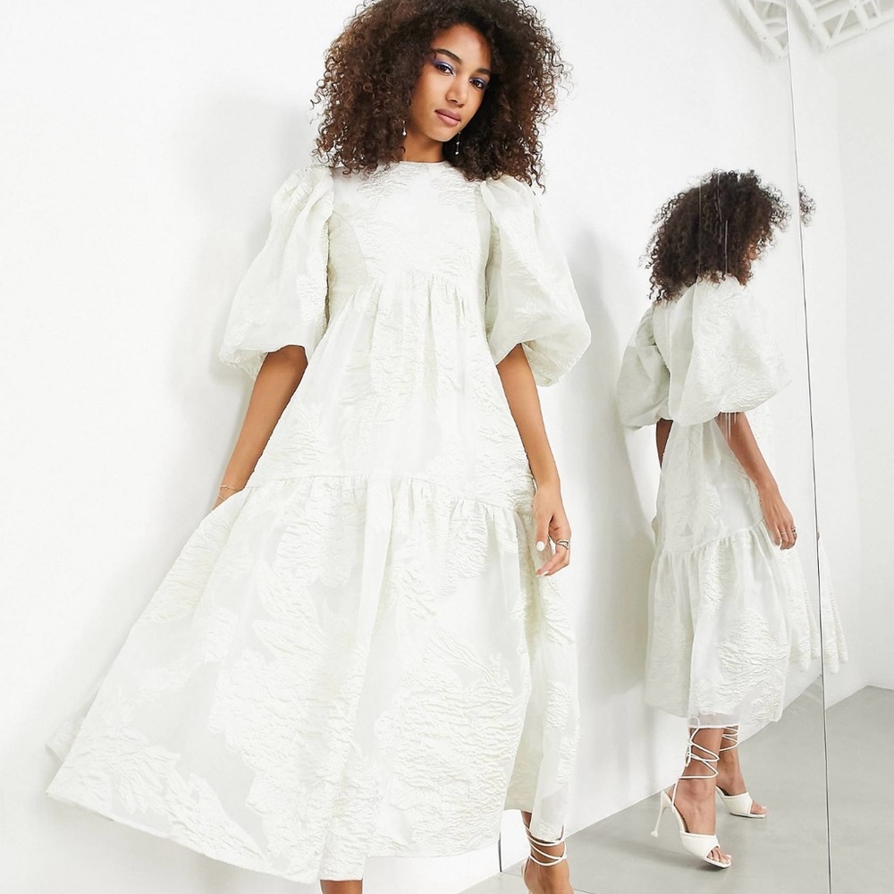 ASOS EDITION tiered metallic floral jacquard midi dress in ivory